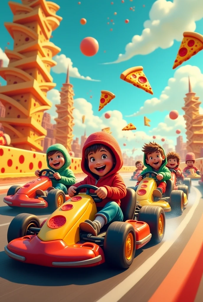 Crée-moi une bande de personnages amateurs de pizzas en karting surboosté inspiré de Mario kart mais libre de droit d'auteur pour décorer ma pizzeria devant le karting électrique