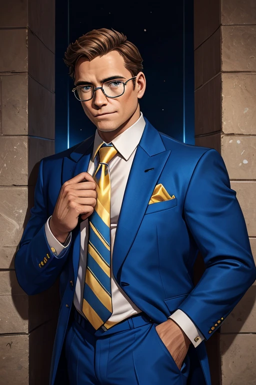 arafed man in a blue suit and tie standing in front of a wall with lights, professional picture, wearing a suit and glasses, album photo, blue gold suit, wearing suit and tie, brad, wearing a suit and tie, greg rutwoski, wearing a suit and a tie, matthew stewart, daniel mirante, transparent background