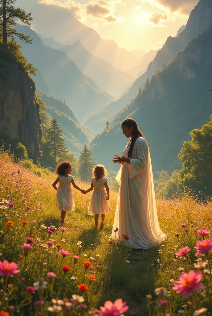 create for me an image She speaks of the new earth, Where there will be beautiful homes, fields full of flowers that will never wither, and a living vegetation that reflects silver and gold. The animals will be in perfect harmony, and there will be bright and glorious forests. surrounded by mountains with roses and lilies, And the children running and playing and picking flowers that will never wilt, angels walking alongside happy people, and a black woman beside Jesus talking