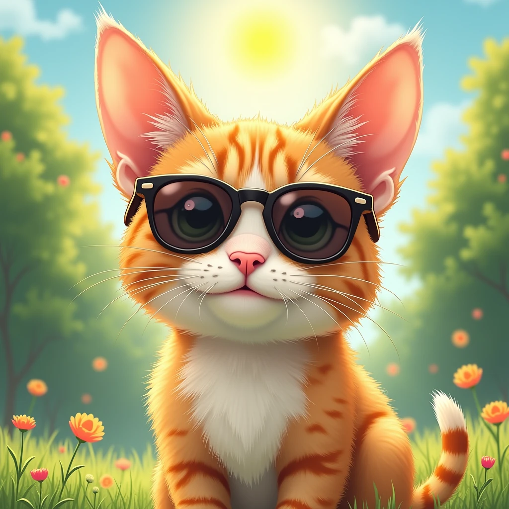 high quality、high resolution、High precision、Real Stick、delicate、Precision、detailed、Deep touch、Attractive colors、Engraving illustration、Deformed cat wearing sunglasses、The ears are like rabbit ears.、