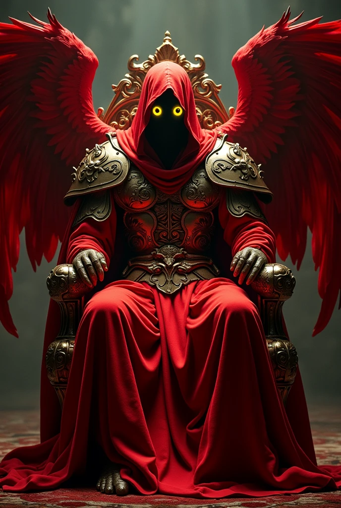 Humanoid in red armored robe with red bird like wing he have six yellow glowing eye stare from the shadow with really dark shadow create by robe cover his face he sit on the golden throne