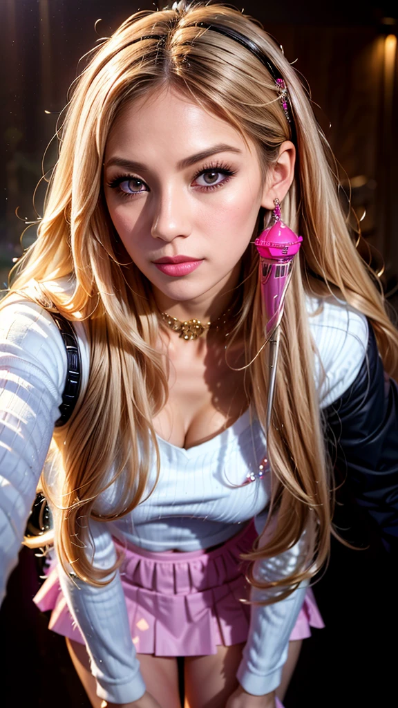 photorealistic,Realistic illustration in Modelshoot style,((masterpiece)),((The best quality)),((Ultra Quality)),((ultra detailed)),((1girl long white hair)),((Only)),((waifu:1.5)),Perfect anatomy,perfect hands,beautiful cuerpo,beautiful_method,ulzzang-6500-v1,e-chica,((Exceptionally Beauty Waifu Princess)), intricate details, realist, photorealist, Full Body Portrait, Instagram Photo of a woman wearing aretes, Mary R., inspired by Emma Andijewska, wrapped in crystals,(masterpiece:1.3), (Best Quality:1.3), (Ultra-detailed:1.2), ((kawaii)), Cute, (lovely), ((sexy)), ((Extremely detailed)), 4K, (8K), Best Quality, (Beautiful), Illustration, anime style, (bold line:1.2), Gradation,(best quality, ultra-detailed, photorealistic: 1.39), bright and vibrant colors, studio lighting, (Perfect eyes:1.2), (Perfect iris:1.2), romantic kawaii expression, cute delicate smile, kawaii makeup, ((a close up of a woman in a short skirt and a microphone:1.5)), ((singing to the viewer with a lot of love:1.4)), ((performing on stage:1.3)),((bright-pink_eyes)),long wavy hair, ((white hair)),hair clips,eyeliner,cute makeup,lipstick,Glossy lipstick,with a look of love, worry and sadness,((eyes detallados perfectos)),rainy with fog outside,evening,pink theme,bioluminiscencia,light particles,((Extremely CG Unity 8K Wallpaper)),((cinematic lighting,Best quality lights)),intricate details,Suave,sharp focus,Extremely beautiful and aesthetic,Octane rendering,Full length portrait,damp skin,((Perfect detailed body)),