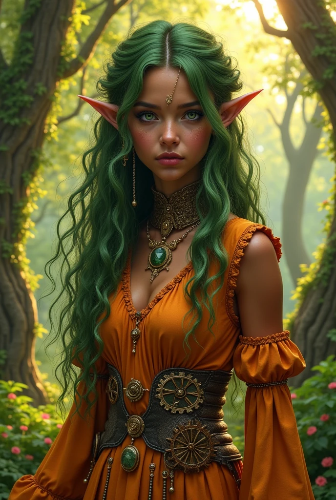 Elfo d&d, feminine, long moss green curly hair, dark copper brown, with black and indigenous features, moss green eye, one meter and fifty centimeters tall, orange leaf clothes in a steampunk style.