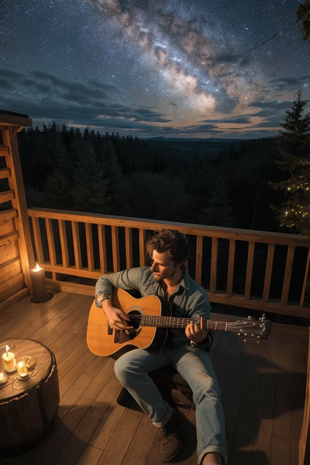 realistic, man sitting and playing guitar on the terrace of a romantic caban in forest, feeling like they are on top of the world, a magical night, admiring the beauty of the city lights, the trail of the Milky Way, and the sky full of stars, high density of stars in sky
