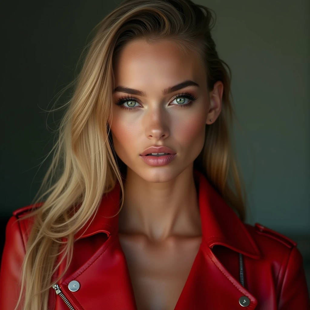 A hyper-realistic three-quarter view in 8K of a beautiful green-eyed woman with long hair shaved on the side, deep porcelain skin. Looking straight ahead, she is wearing a red leather jacket. Soft lighting. Few details,