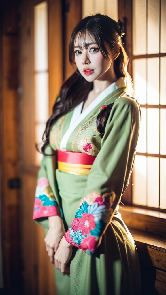 1 girl Kimono dress, beautiful detailed eyes, beautiful detailed lips, extremely detailed face, long eyelashes, beautiful dress, colorful fabric, intricate embroidery, standing pose, warm lighting, golden hour, photorealistic, vibrant colors, cinematic, highly detailed, 8k, best quality