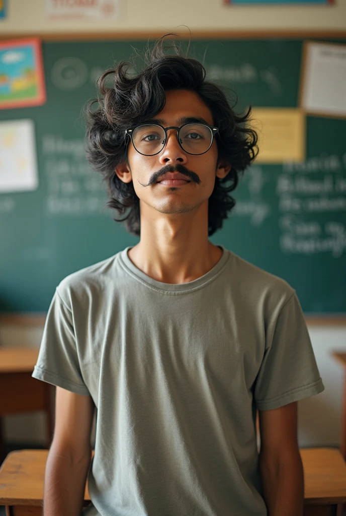 very realistic, 23 year old man, with mustache, Long, messy black hair with some gray, with round glasses, weight of 65 kilos, medium build, Latin American, Chilean, standing, Simple, average, casual clothes, background in a classroom