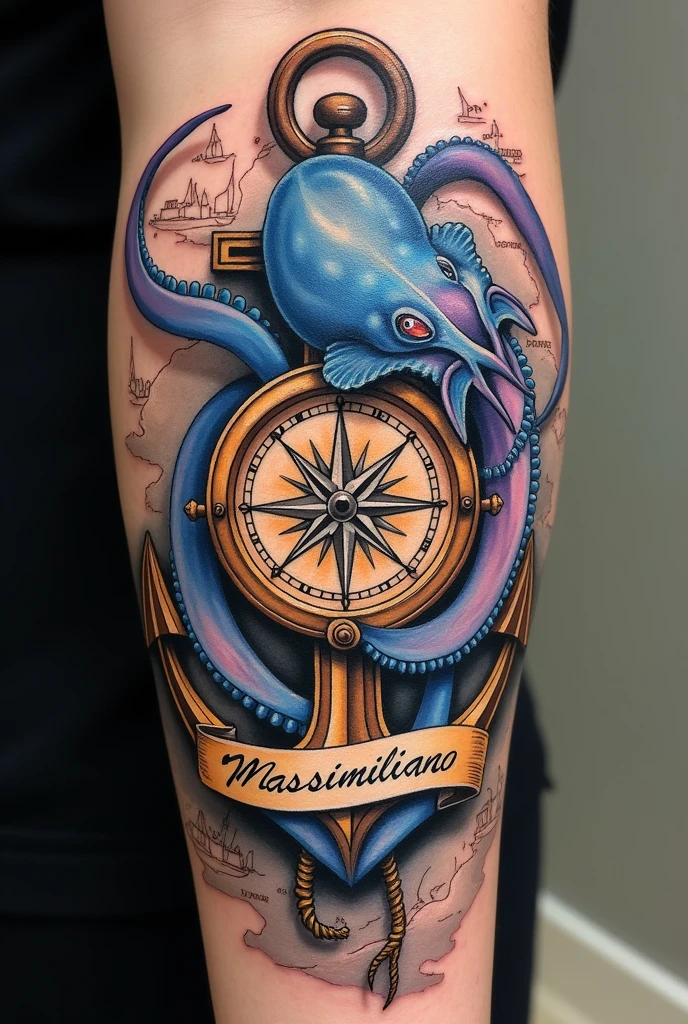 Portuguese Man-of-War tattoo with a golden compass over the Venezuelan nautical chart and an anchor with the name Massimiliano