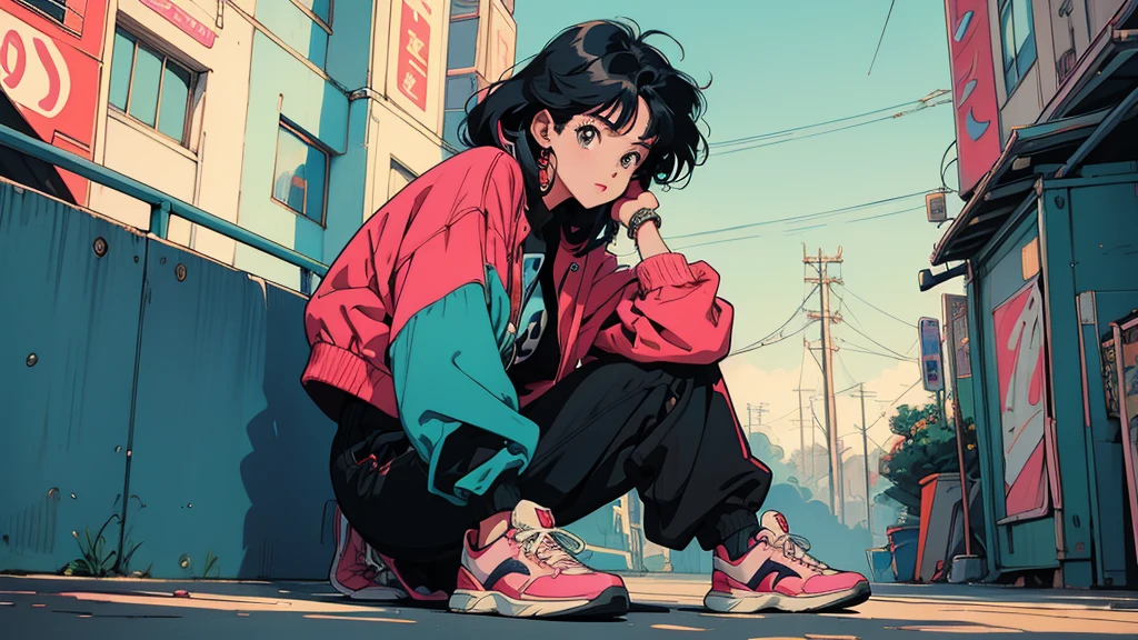 City Pop , anime, manga,レトロanimeの,Urban Fashion,Streetwear,90s vibe,Colorful clothing,Casual pose,Bold accessories,Graphic Jacket,High waist pants,sneakers