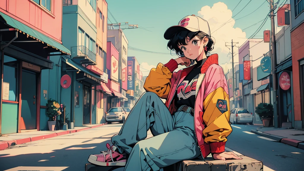 City Pop , anime, manga,レトロanimeの,Urban Fashion,Streetwear,90s vibe,Colorful clothing,Casual pose,Bold accessories,Graphic Jacket,High waist pants,sneakers