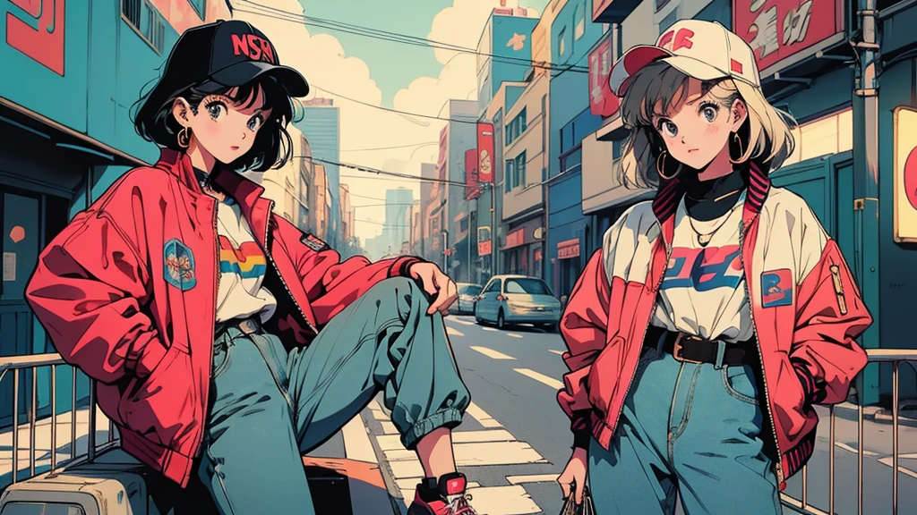 City Pop , anime, manga,レトロanimeの,Urban Fashion,Streetwear,90s vibe,Colorful clothing,Casual pose,Bold accessories,Graphic Jacket,High waist pants,sneakers