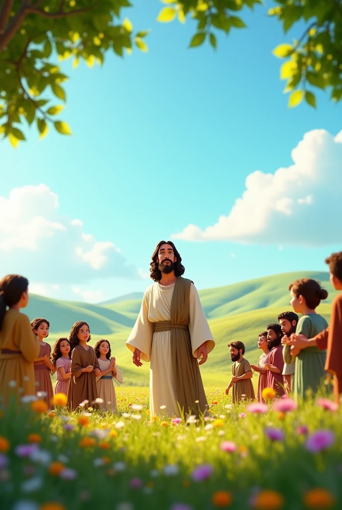 Jesus speaking to people in a field, Pixar 3D style animation