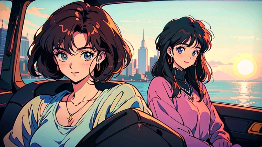 (80's, Retro, City Pop), (Album cover), (masterpiece, Highest quality, Intricate details), (anime, shape), (pastel colour:1.3), 16:9,Ocean,Sit in the car,
, alone, smile, Observe every detail perfectly, Delicate face,High Fashion,
