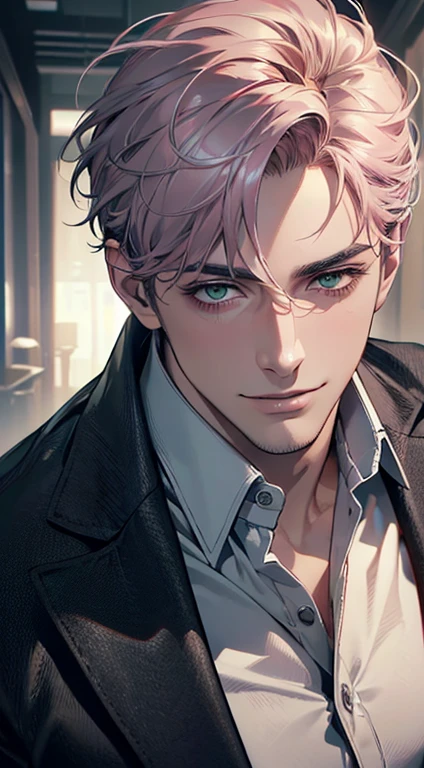 (best quality,4k,8k,highres,masterpiece:1.2),ultra-detailed,(realistic,photorealistic,photo-realistic:1.37),cinematic lighting,1:4 hdr image,a mature man, 29 years old,very handsome,cold expression smile in love, short grey pink hair, green eyes,flawless face,buttoning his jacket,CEO