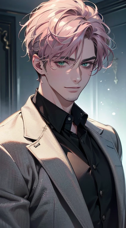 (best quality,4k,8k,highres,masterpiece:1.2),ultra-detailed,(realistic,photorealistic,photo-realistic:1.37),cinematic lighting,1:4 hdr image,a mature man, 29 years old,very handsome,cold expression smile in love, short grey pink hair, green eyes,flawless face,buttoning his jacket,CEO