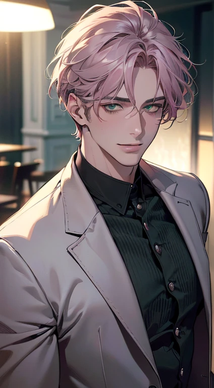 (best quality,4k,8k,highres,masterpiece:1.2),ultra-detailed,(realistic,photorealistic,photo-realistic:1.37),cinematic lighting,1:4 hdr image,a mature man, 29 years old,very handsome,cold expression smile in love, short grey pink hair, green eyes,flawless face,buttoning his jacket,CEO
