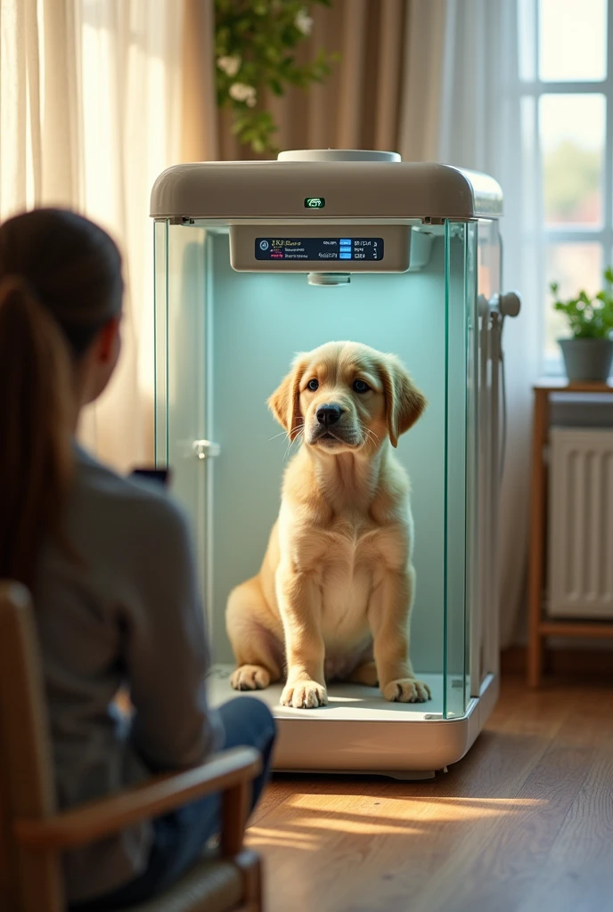 There is a pet inside a plastic and glass chamber where it receives a complete scan of its vital signs and medical status and states that are determined by a veterinarian but using the camera, temperature states, Blood pressure and heart rate will be displayed on the camera, and the other medical results will be passed to a monitoring application., The camera is located in a house and is a cheap camera and its owner can observe the process