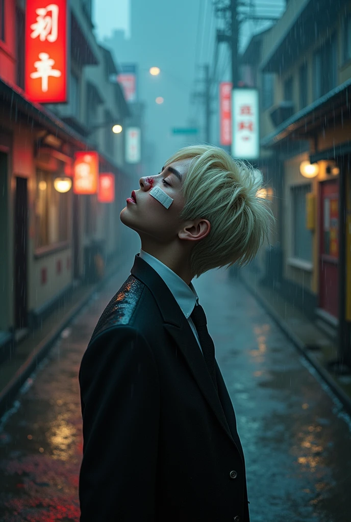 Naoya zenin, blonde man you look lonely i can fix that,solo, rain, injury, blood on face, bandaid on face, bandaid on nose, looking up, jujutsu kaisen, blade runner, an young Japanese man with pale hair ending in dark tips. He has pronounced and slanted eyelashes, and wears formal Taisho attire.