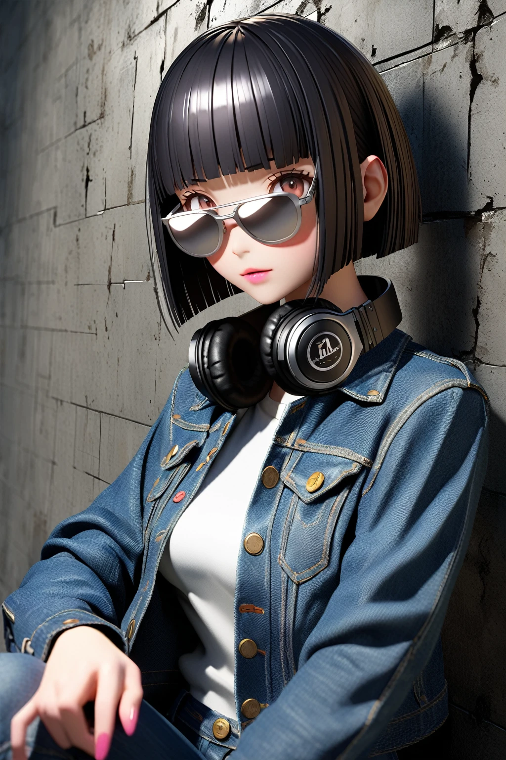 (extremely detailed fine touch:1.3), (((silver sunglasses:1.3))), (wear black headphones around neck:0.9), girl, solo, 3D face, bowl cut hair, blunt bangs, black hair, brown eyes, pink lipstick, medium breasts, denim jacket, white shirt, denim pants, extremely detailed wall