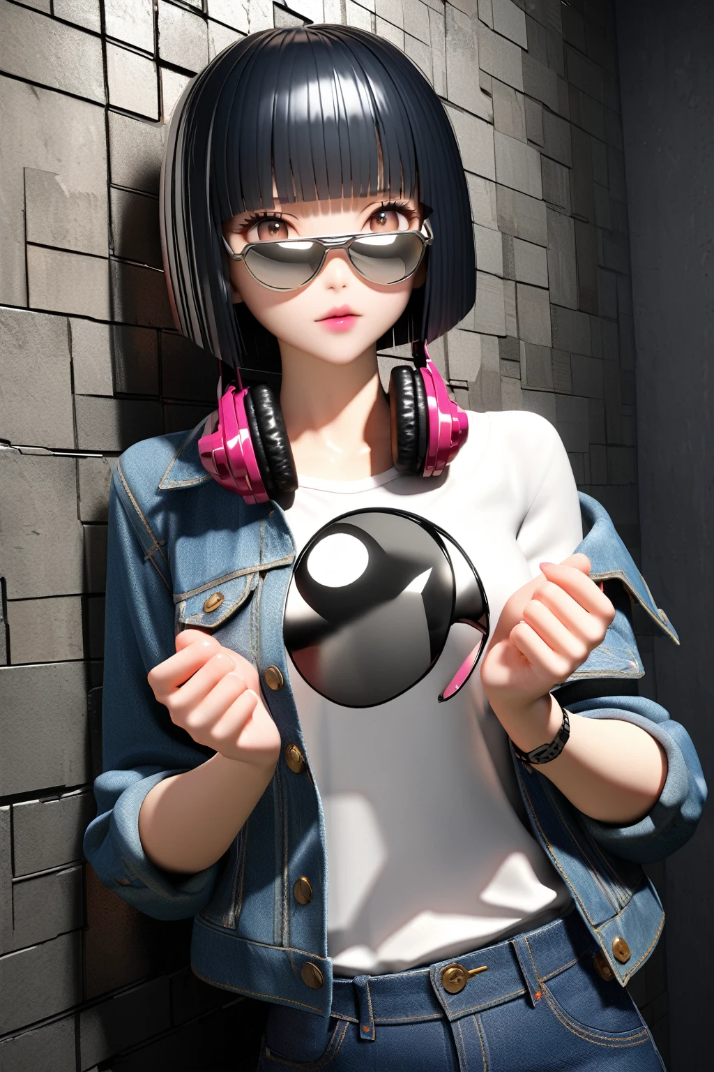 (extremely detailed fine touch:1.3), (((silver sunglasses:1.3))), (wear black headphones around neck:0.9), girl, solo, 3D face, bowl cut hair, blunt bangs, black hair, brown eyes, pink lipstick, medium breasts, denim jacket, white shirt, denim pants, extremely detailed wall