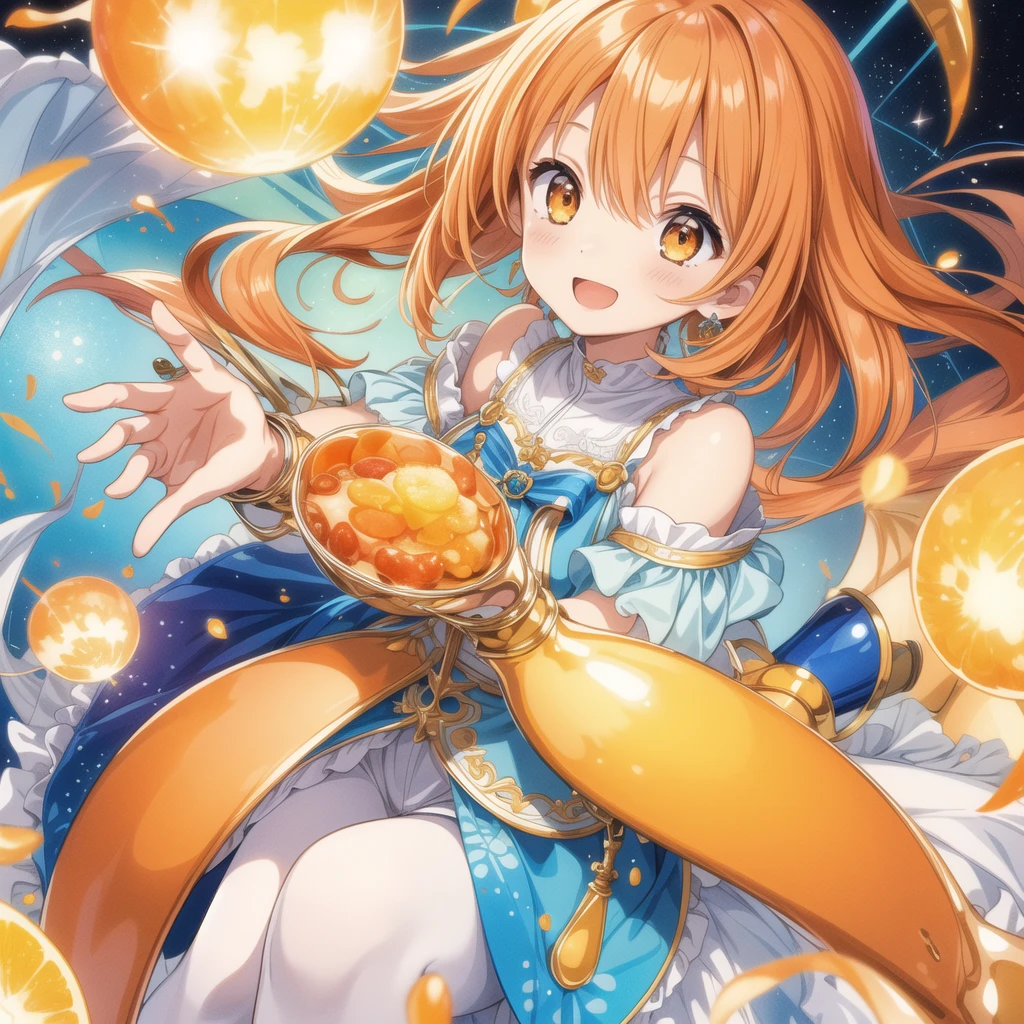 1girl,(((Highest quality、Masterpiece、Official Art、Dynamic composition、Super detailed、Perfect Anatomy)))、Milky and orange hair color、Orange and blue palette、happiness、Happiness、Creative new hairstyle、Unique clothing、Sparkling、mirrornun、