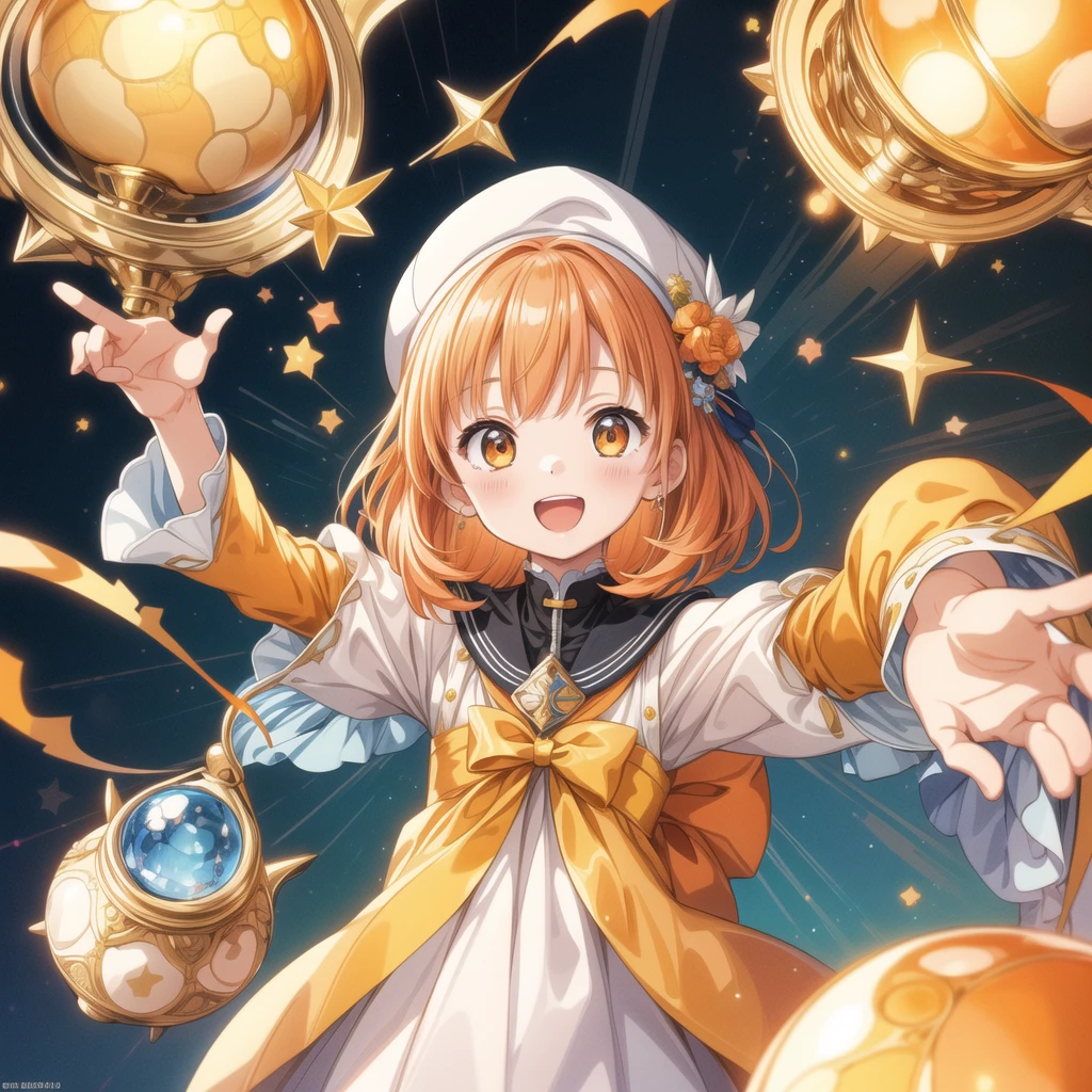 1girl,(((Highest quality、Masterpiece、Official Art、Dynamic composition、Super detailed、Perfect Anatomy)))、Milky and orange hair color、Orange and blue palette、happiness、Happiness、Creative new hairstyle、Unique clothing、Sparkling、mirrornun、