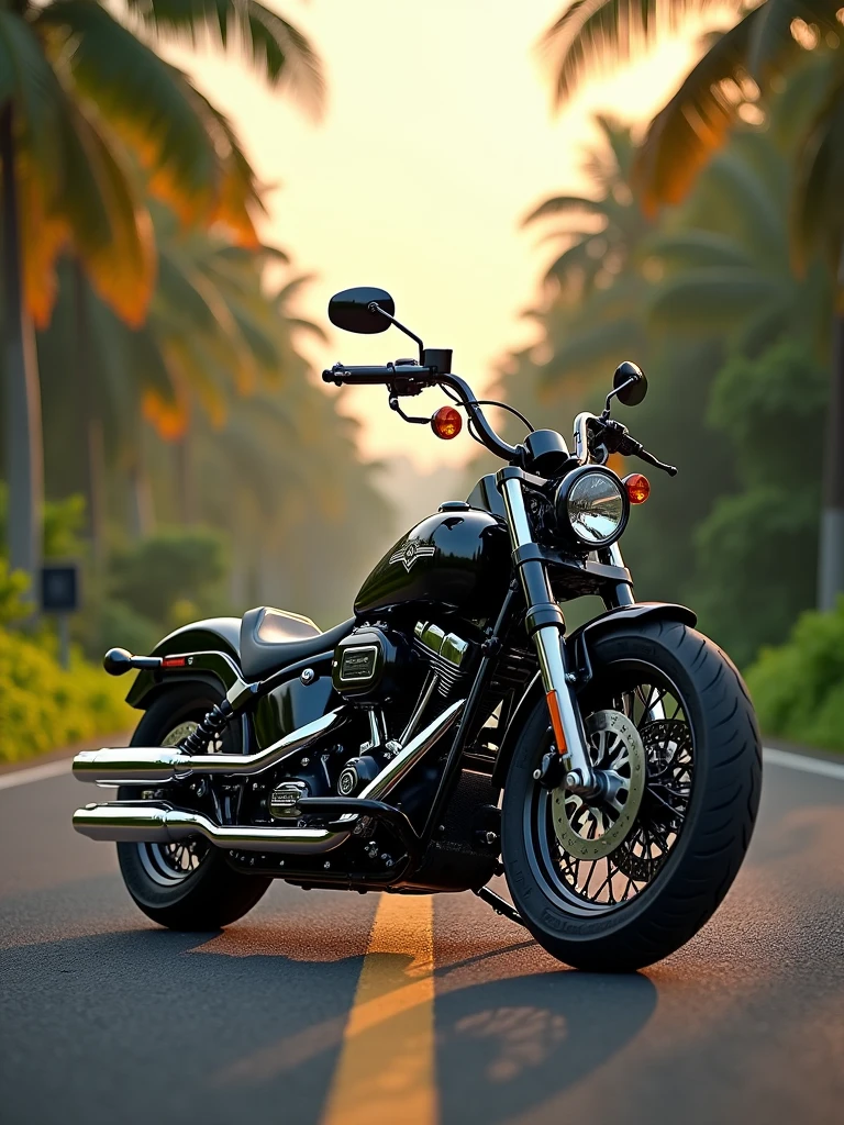 logo "MneverMore", metallic northwell signature letter logo front, background  realistic with Harley Davidson fatboy custom, Pandawa road, kuta-Bali Background.
