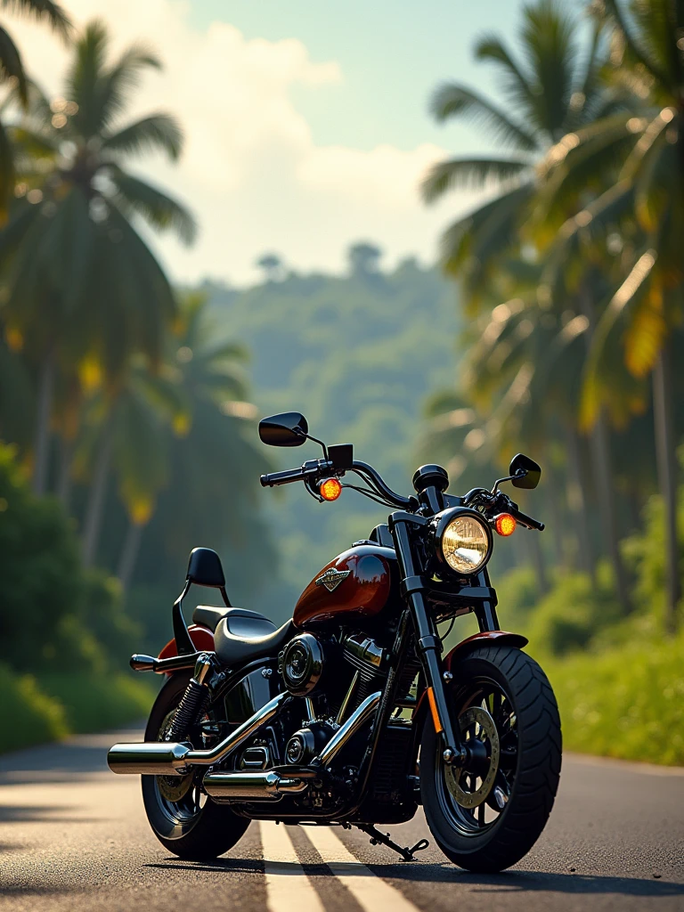 logo "MneverMore", metallic northwell signature letter logo front, background  realistic with Harley Davidson fatboy custom, Pandawa road, kuta-Bali Background.