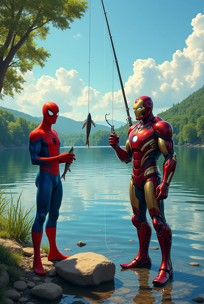 The First Catch Spider-Man gets the first bite! He pulls up a small fish, excitedly showing it off to everyone. Iron Man, not wanting to be outdone, activates a sonar feature on his rod to find the biggest fish in the lake. Meanwhile, Venom, getting impatient, uses a tendril to reach deep into the water and grab a huge fish directly, much to the surprise (and annoyance) of the others. Hulk, still waiting for a bite, starts to get a little frustrated.