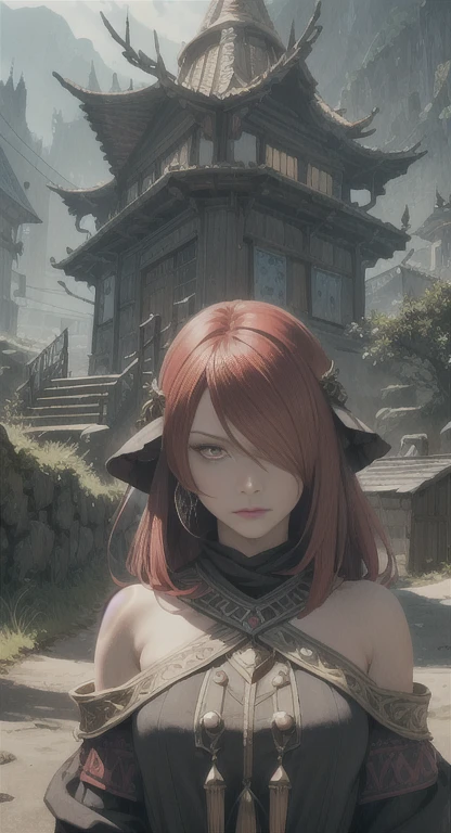 Extremely realistic shading, masterpiece, extremely detailed, photorealistic, red hair, Yellow eyes, Tan skin, Supreme arcane, Hylia, Sheikah everywhere, Hylia covered in tribal garb, Yggdrasil tribe, glaring at a viewer confused, Hylian, village in background,