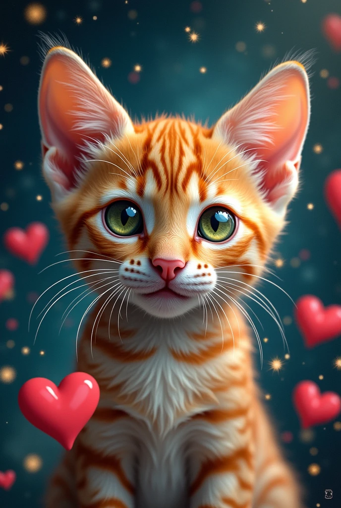 ocelot、Mercedes cat、Close-up of cat face, Space in the background (Beautiful shining stars and galaxies), Space Cat, Large target "!?" on the screen is written in Large target letters on the screen,Heart symbol、Cute selfie、love、Full of love