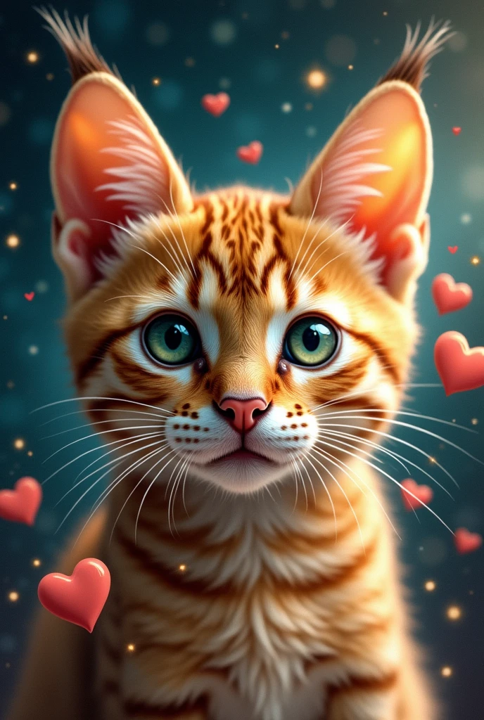 ocelot、Mercedes cat、Close-up of cat face, Space in the background (Beautiful shining stars and galaxies), Space Cat, Large target "!?" on the screen is written in Large target letters on the screen,Heart symbol、Cute selfie、love、Full of love