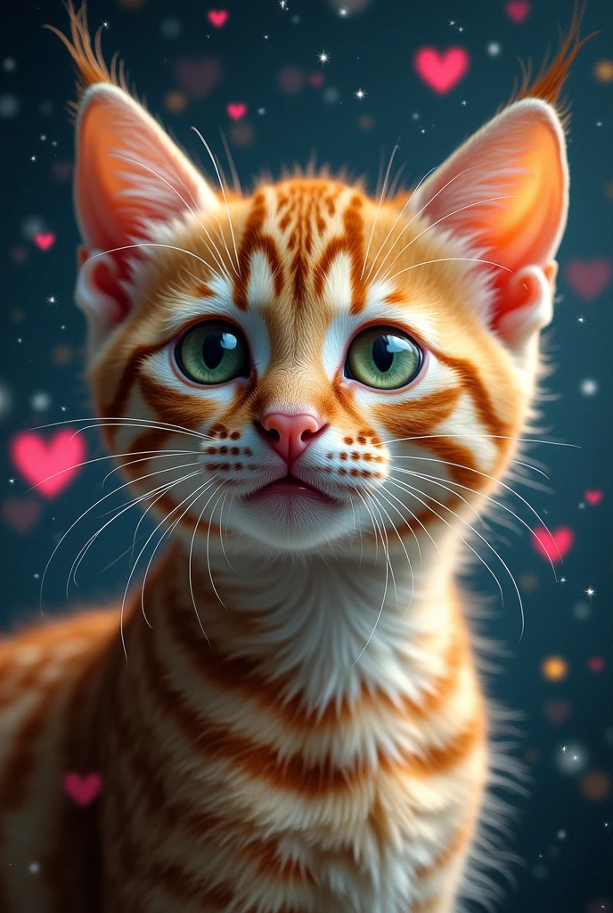 ocelot、Mercedes cat、Close-up of cat face, Space in the background (Beautiful shining stars and galaxies), Space Cat, Large target "!?" on the screen is written in Large target letters on the screen,Heart symbol、Cute selfie、love、Full of love