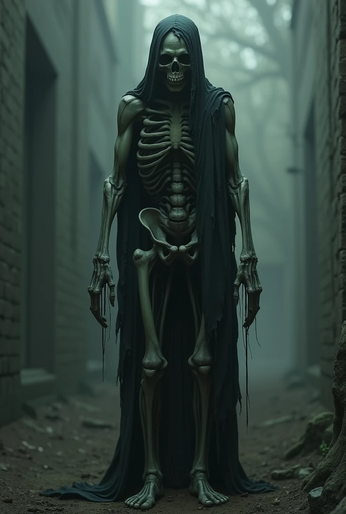 Draw me a scary character that is easy to draw and has the following: tall and looks like he is dying., inhuman form and that has a realistic type of shading
