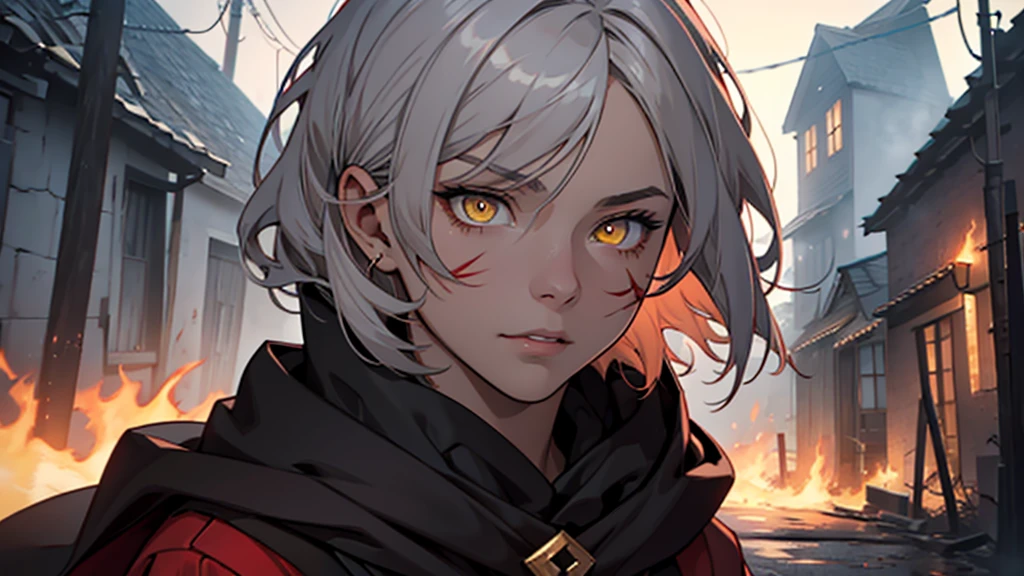 a dark and impressive 2D illustration of a devastated scene of a village burned by crimson-red flames, highlighting a young woman with slightly grayish skin, short silver hair in a long bob style, with light scars on her face and lips, completely covered by a cloak crimson red with golden details and a hood covering part of the face, shadows on the face, yellow eyes and a penetrating gaze with a neutral expression