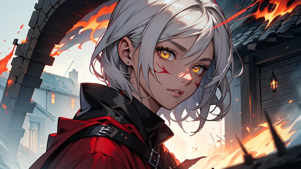 a dark and impressive 2D illustration of a devastated scene of a village burned by crimson-red flames, highlighting a young woman with slightly grayish skin, short silver hair in a long bob style, with light scars on her face and lips, completely covered by a cloak crimson red with golden details and a hood covering part of the face, shadows on the face, yellow eyes and a penetrating gaze with a neutral expression