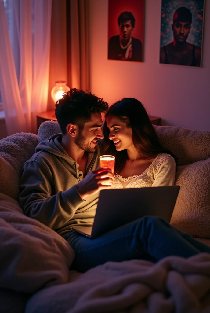 guy and beautiful brunette girl drinking alcohol at home on the couch and listening to music on the computer