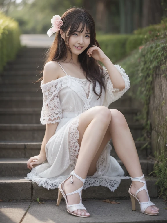 Photo-realistic quality、A 25-year-old Japanese model sitting on the stairs with her hand on her chin., White lace dress、Beautiful bare feet、Wearing high heels、Shot with Canon EOS 5D,looking at the camera、Detailed and beautiful eyes、Cute smile、A soft and gentle look、A seductive smile, Gorgeous Japanese Model, Sexy young woman, Bewitching young woman
