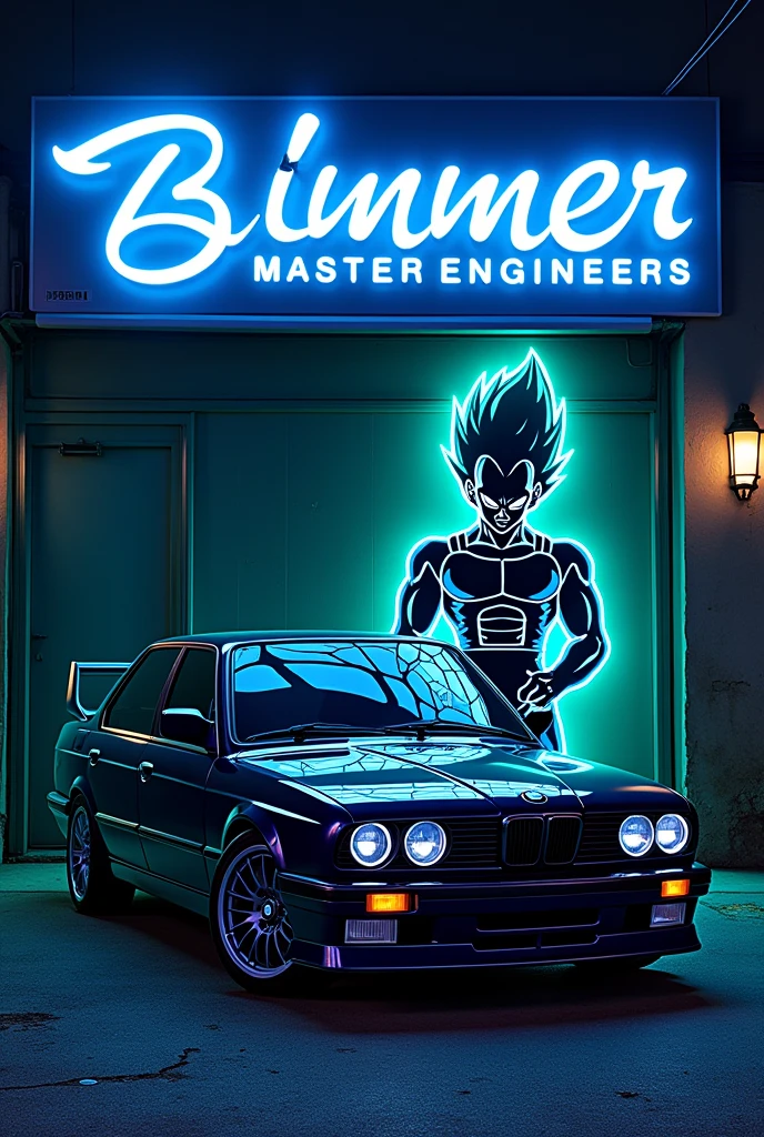 Neon sign logo for a BMW repair shop with the name Bimmer Master Enginners and a vegueta next to an E34