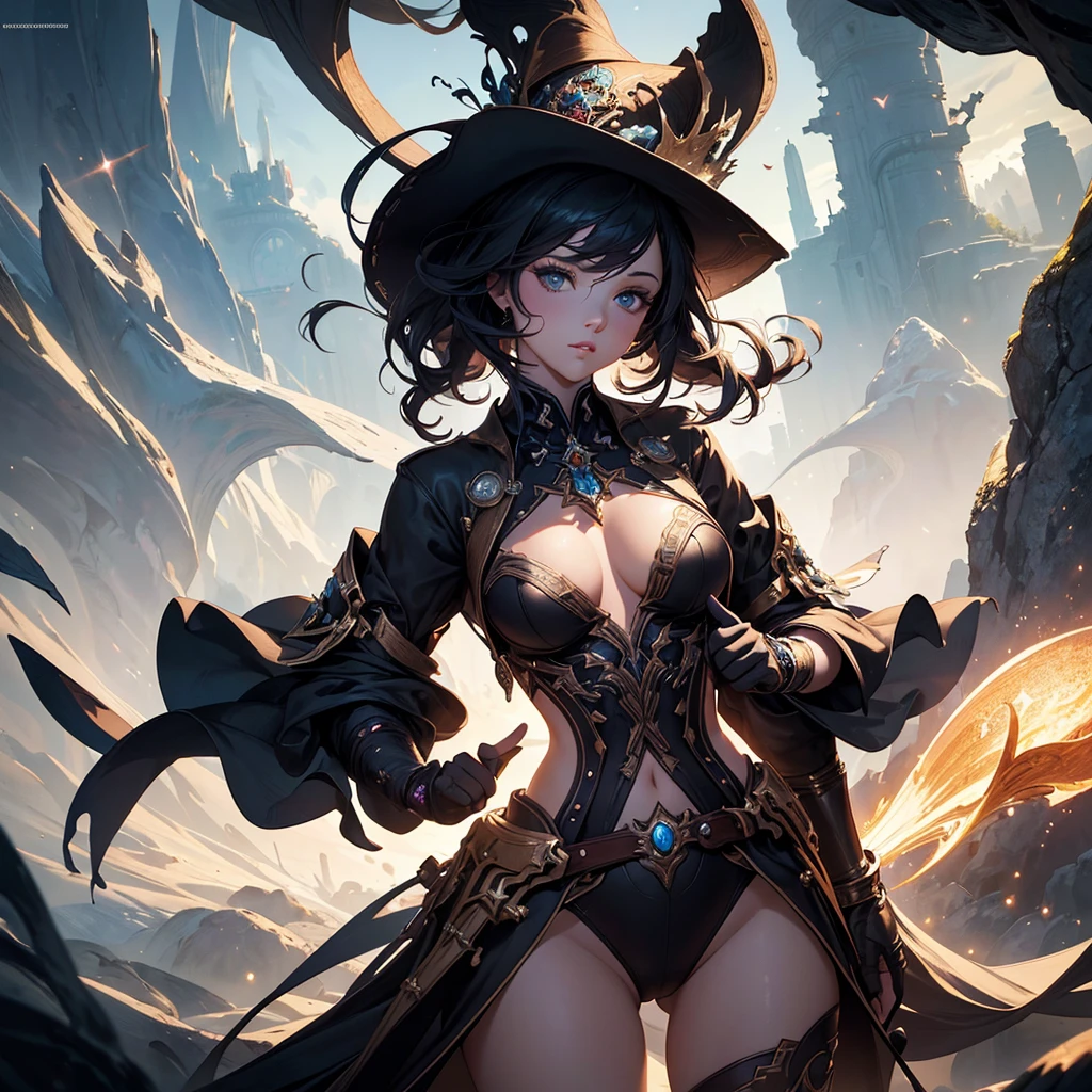masterpiece, Highest quality, (Highly detailed CG Unity 8k wallpaper), (Highest quality), (Best illustrations), (Best Shadow), Absurd, Realistic lighting, (abyss), Beautiful sparkle, art:PeterMohrBacher,(Cowboy Shot,One woman)