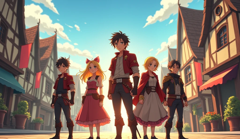 ( High quality 2D animation) Asahi、Departure Day、A group of brave men、A party of four: a handsome and refreshing hero, a female mage, a healer, and a tank.、Departure from the capital、Bright sunlight、excited、looks fun、Looking forward to the adventures ahead、fanfare、Anime style illustrations、Medieval Europe、meaning