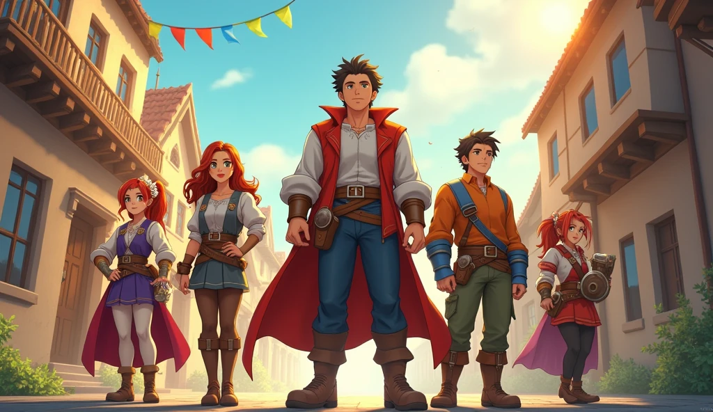 ( High quality 2D animation) Asahi、Departure Day、A group of brave men、A party of four: a handsome and refreshing hero, a female mage, a healer, and a tank.、Departure from the capital、Bright sunlight、excited、looks fun、Looking forward to the adventures ahead、fanfare、Anime style illustrations、Medieval Europe、meaning