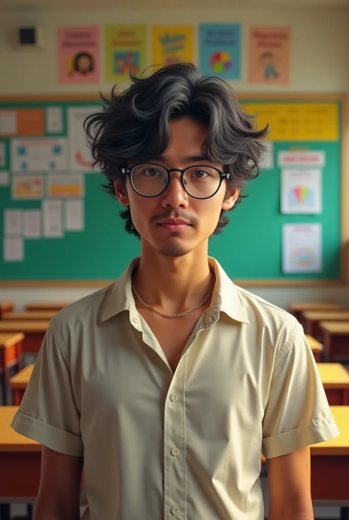 very realistic, 23 year old man, with mustache, Long, messy black hair with some gray, with round glasses, weight of 65 kilos, medium build, Latin American, Chilean, standing full, Simple, average, Casual shirt, background in a Chilean classroom