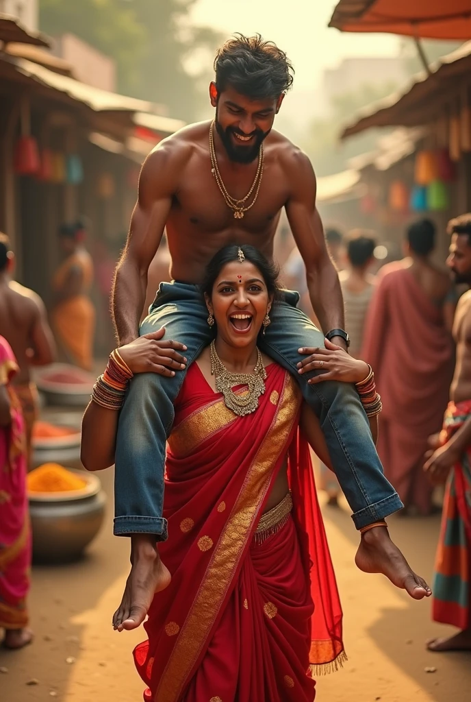 Indian woman lifting and carrying a man on her shoulders 