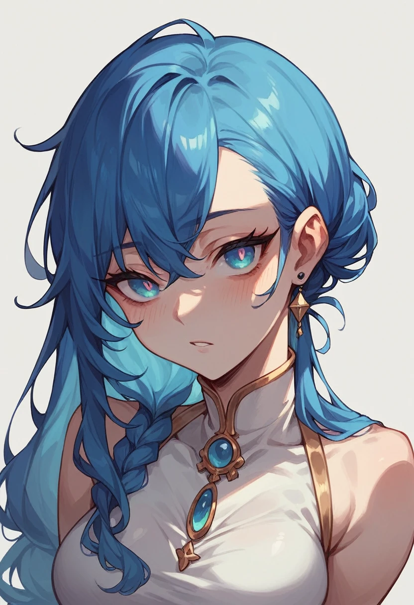 A woman with blue hair and pupils in place of eyes seducing