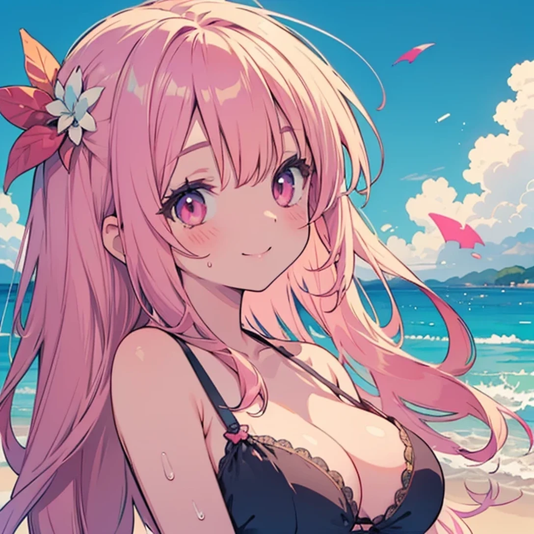 Anime-style illustrations, Lofi Art Style, Anime illustration(flying debris), (Highest quality), Very detailed, ((1 person)), Focus Only,dynamic,((smile)),Perfect Face, Beautiful Face, Very detailedな顔,(Pink long hair_Pink Eyes:1.3),Swimwear,Idle only,Gorgeous hair ornament,smile,Large Breasts,Sandy Beach,Underarm、Sweat、look up,smile,alone, 1 personの, blush,People around,