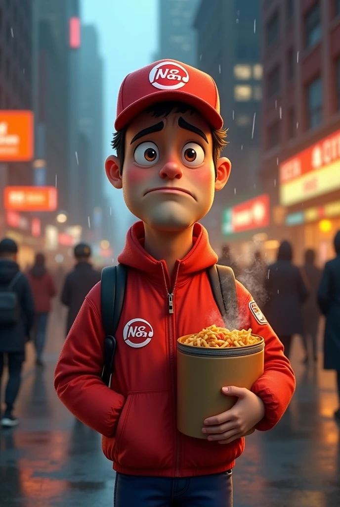 Sad food delivery man, cartoon. looking at the camera with a worried expression