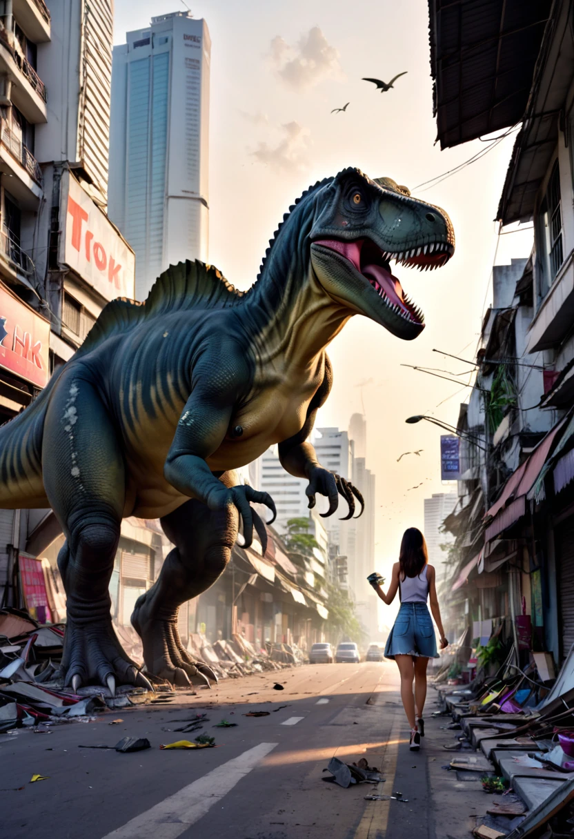 A Tyrannosaurus rex, walks through a ruined Downtown Bangkok, focus on its tiny clasping hands as it hunts Tik Tok women