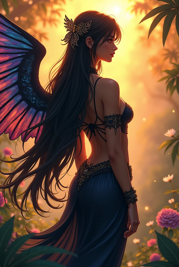 Domonio woman with long black hair and dark skin, with anime style tail and wings 