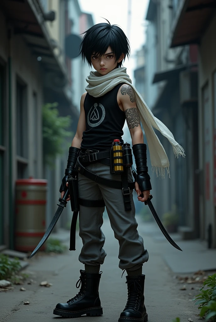 a young man with amber eyes, has short black hair with a long fringe. aged 16, he is armed with twin single-edged blades as a weapon.
He is a kind-hearted and intelligent introvert. He also tends to conformity and is sometimes fearful.
a darker, more utilitarian look with a sleeveless black shirt, grey trousers and black boots with several straps and belts, and a long white scarf around his shoulders. His artificial Stigma, in the form of Ouroboros's insignia, is displayed prominently on his shoulder. He carries several pouches full of tools and explosives
